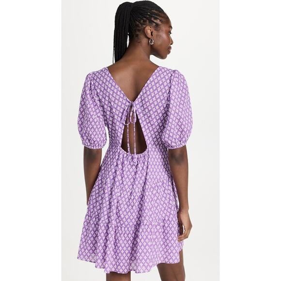 NWOT XIRENA Puff-Sleeve Nissa Babydoll Mini Dress in Purple Clover Print - Picture 7 of 15